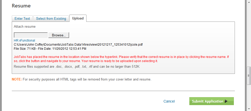 JobTabs can insert resumes into online job application forms.
